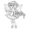 Cute girl in the costume of summer fairy in flower wreath of roses and with basket with sprouts in hands outlined