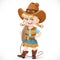 Cute girl in a cowboy suit is holding a lasso on her shoulder