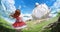 A cute girl in a crimson dress waves to a huge statue of a smiling oriental-style cat, which lies in the middle of the hills of a