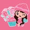 Cute girl, cupcake, birthday cake and gift cartoon illustration for Birthday label tags design
