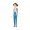 Cute Girl in Denim Overalls Standing with Backpack Vector Illustration