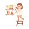 Cute Girl Doing Housework and Housekeeping Dusting Bookshelf Vector Illustration