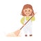 Cute Girl Doing Housework and Housekeeping Sweeping the Floor with Broom Vector Illustration