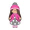 Cute girl doll with long brunette hair in a knitted pink hat and a handbag in gray polka dot dress