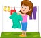 cute girl drying clothes cartoon