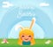 Cute girl easter bunny rabbit hole egg icon sky grass background template