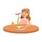 Cute girl eating sausage while having breakfast in the kitchen, colorful character vector Illustration