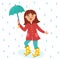 Cute girl enjoying the rain. Kid wearing a raincoat with umbrella. Rainy day vector illustration