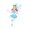 Cute Girl Fairy with Wings, Adorable Winged Elf Princesses in Light Blue Dress with Butterfly Cartoon Style Vector
