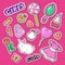 Cute Girl Fashion Stickers, Patches and Badges. Girlish Doodle with Hearts, Sweets and Cosmetics