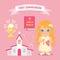 Cute girl first communion event with sacrament, pink bible, rosary and church bundle clip art.