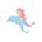 Cute girl with fish tail swimming with blue dolphin. Cartoon mermaid with pink hair. Mythical creature. Fantastic marine