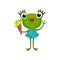 Cute girl frog standing with bouquet of flowers. Humanized toad with red lips and long eyelashes wearing blue dress