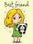 Cute girl with funny doodle baby panda. Perfect for kids cards, posters and prints.