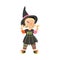 Cute Girl in Halloween Costume, Little Child Dressed as Witch, Happy Halloween Party Festival with Kid Trick or Treating