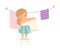 Cute Girl Hanging Clean Wet Linnen Out to Dry, Adorable Kid Doing Housework Chores at Home Vector Illustration