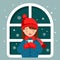 Cute girl in a hat and mittens with a cup of tea near the window with snowflakes. Winter illustration, vector