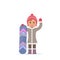 Cute girl hold snowboard and greeting waving hand. Winter sport, snowboarding. Vector illustration in flat style