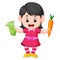 Cute girl holding carrot and fresh green mustards