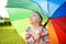 Cute girl holding colorful rainbow umbrella on rainy summer day. Child walking under warm rain outdoors. Outdoor summer activities