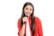 Cute girl holding a microphone and singing a song. Singer girl sings in karaoke. Portrait of happy smiling teenage child