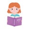 Cute girl holds open book cartoon icon white background