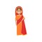 Cute girl in Indian national costume. Female in bright red-orange sari dress. Traditional garment. Flat vector design