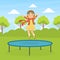 Cute Girl Jumping on Trampoline Wearing Retro Leather Flight Helmet, Child Dreaming of Becoming Aviator Vector