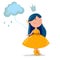 Cute girl with long blue hair in a yellow dress and with raining cloud on white background