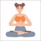 Cute girl in lotus asana with joined hands and closed eyes. Meditation, mental health, relaxation, yoga,fitness, stress