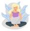 Cute girl in the lotus position with a computer. A woman enthusiastically works or studies against the background of
