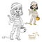 Cute girl in mummy costume with a pumpkin bag for sweets trick or treat color and outlined