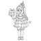 Cute girl in New Year tree dress with a gift in hand  outlined for coloring page