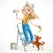 Cute girl in overalls standing on a stepladder with a paint roller and frightened dog playful