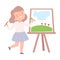 Cute Girl Painting Natural Landscape on Canvas, Little Artist Character Drawing on Easel with Paints Cartoon Style