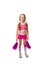 Cute girl in pink cheerleader clothes dancing with shiny pompons in her hands