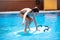 Cute girl playing with a bodyboard in a swimming pool.