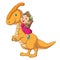 The cute girl playing with the dinosaur parasaurolophus