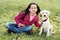 Cute Girl Puppy Walk Park Green Grass Sitting