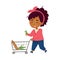 Cute Girl Pushing Shopping Cart Making Purchases Vector Illustration