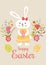 Cute girl rabbit Bunny Happy Easter template with eggs, flowers typographic vector banner spring quote