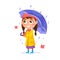 A cute girl in a raincoat standing with an umbrella isolated on white background