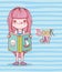 Cute girl reading book of pirates cartoon stripes background