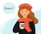 Cute girl in a red beret with cup of coffee. Parisian style woman. Girl with cloud for text. Translation of text - hello