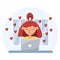 Cute girl with red hair work by laptop near window at home. Female freelancer loves her job. Freelance or studying