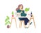 Cute girl resting at the computer at home. Vector. A young lady drinks wine and cheese tasting. Reads a book, engaged in self-