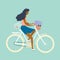 Cute girl is riding bicycle with flowers in front basket. Beauty woman on bike. Flat cartoon colorful vector illustration