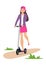 Cute girl riding kick scooter. Teen girl in short skirt, jacket and baseball cap rides on scooter. Young charming female character