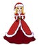 Cute girl in Santa Claus costume and winter hat. Girl with blond hair and brown eyes, in red dress. Cartoon hand drawn vector