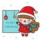 Cute girl santa claus vector wear fancy dress with merry christmas board and gift kawaii cartoon x mas festival happy new year